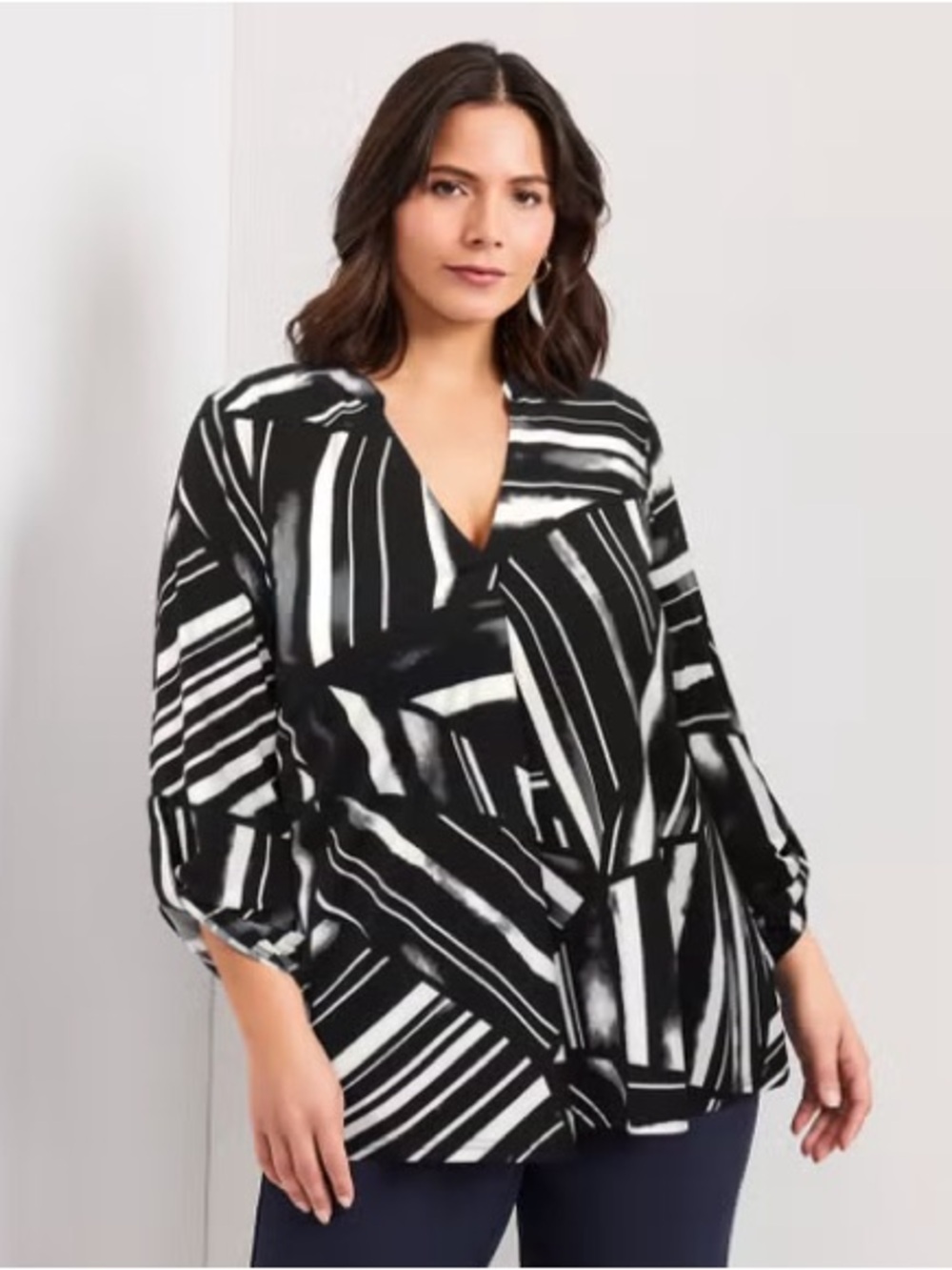 Avenue Plus-Size Black & White Abstract V-Neck Tunic